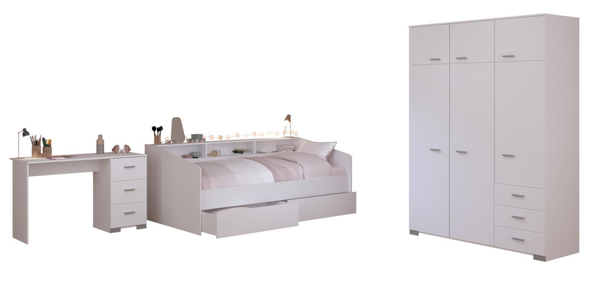 KINDERZIMMER Set 3-tlg. mit Bett 90x200 cm, Kleiderschrank Schreibtisch - Silberfarben/Weiß, Holz/Holzwerkstoff (203/203/113cm) - Parisot Meuble