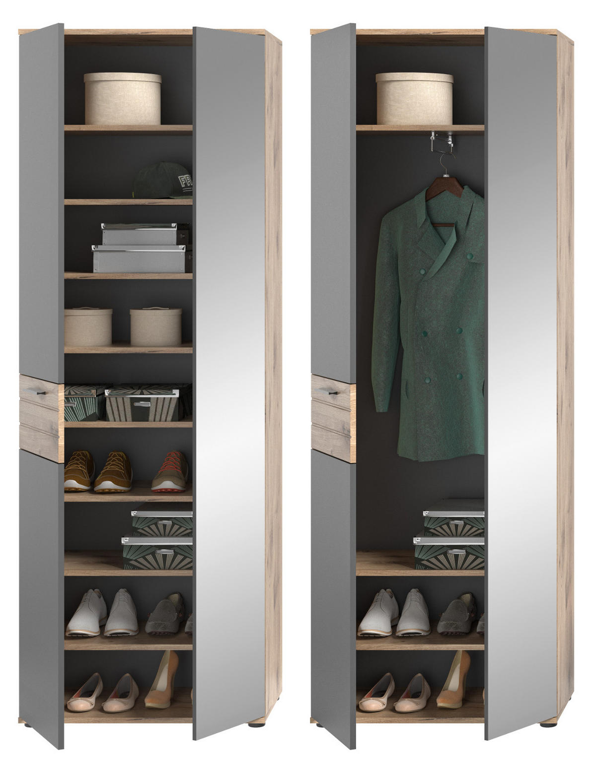 GARDEROBEN-SET Eiche, grau 5-teilig 280 cm mit Soft-Close - Eichefarben/Schwarz, Glas/Holzwerkstoff (195/200/37cm) - Inn.Furn