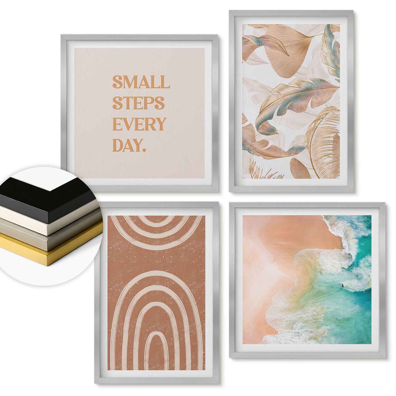 WANDBILDER 4er Set - 50x50 cm & 40x60 cm Silberner Rahmen - Zarte Boho-Blätterschrift - Silberfarben, Kunststoff (50/50cm) - ArtPrintCave