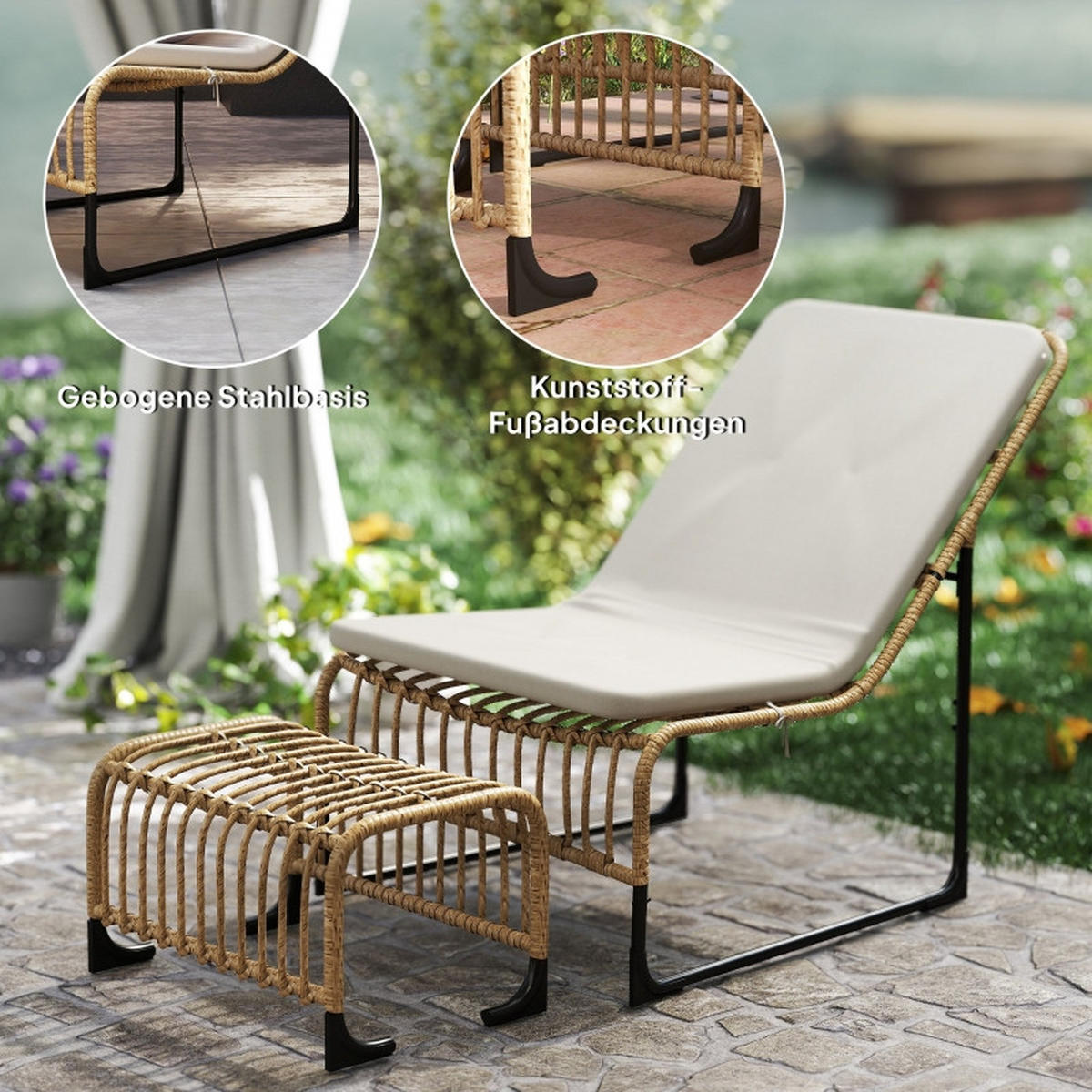 RATTAN RELAXSESSEL mit Fußhocker Naturholz UV-beständig - Weiß, Metall (65/80/93cm) - ComfortXL