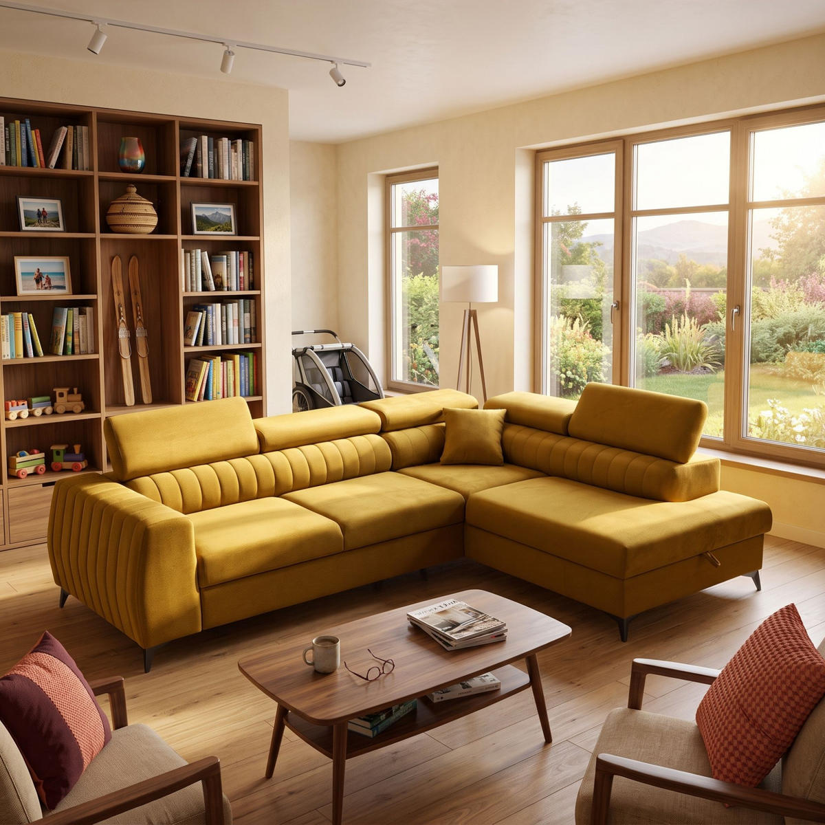 ECKSOFA PIERO L Rechts mit Schlaffunktion 195x125 Velours Gold - Goldfarben/Schwarz, Holz/Textil (203/268cm) - Muffo