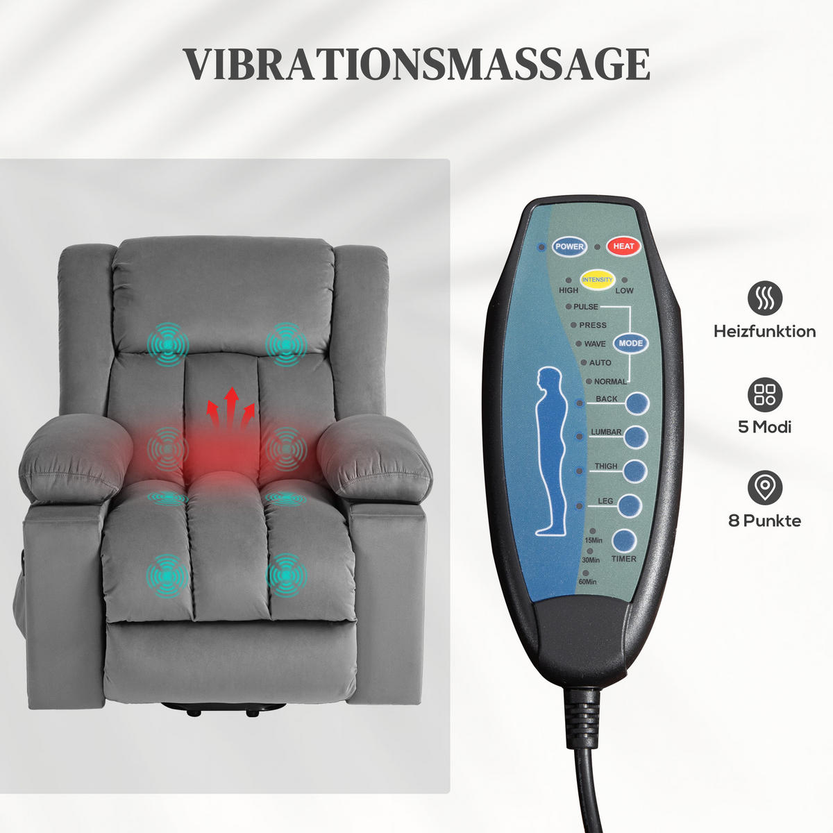 FERNSEHSESSEL mit Aufstehhilfe Relaxsessel mit Massage-/ Wärme-/Liegefunktion - Dunkelgrau, Textil (93/104/101cm) - HOMCOM