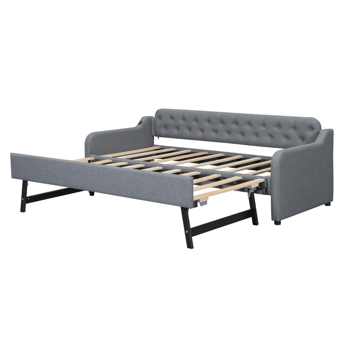 TAGESBETT 90/200 cm mit Ausziehbett, USB-Anschluss und Leinenbezug, Grau - Grau, Textil (90/200cm) - Redom