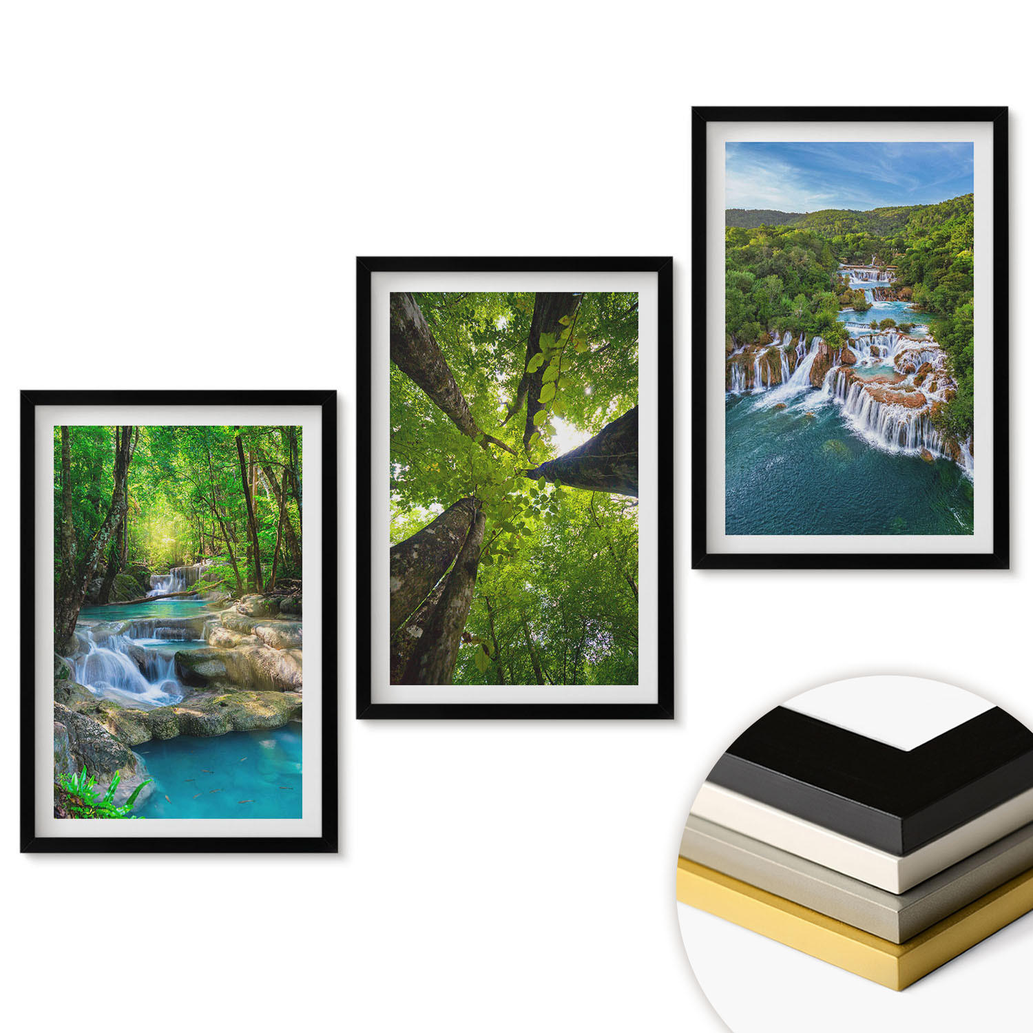 WANDBILDER 3er-Set - 40x60 cm Schwarzer Rahmen - Wasserfälle grüner Wald Wasser - Schwarz, Kunststoff (40/60cm) - ArtPrintCave