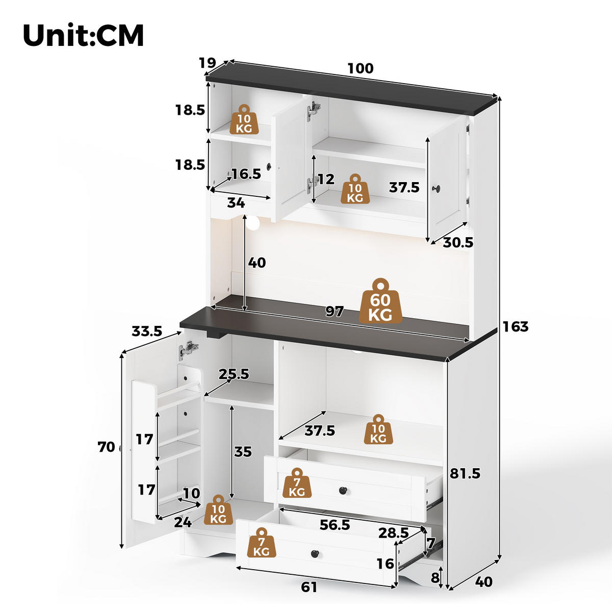 BUFFET DE-38741 100/40/163 cm LED-Beleuchtung und Mikrowellenfach Weiß - Weiß, Holzwerkstoff (100/163/40cm) - ComfortXL