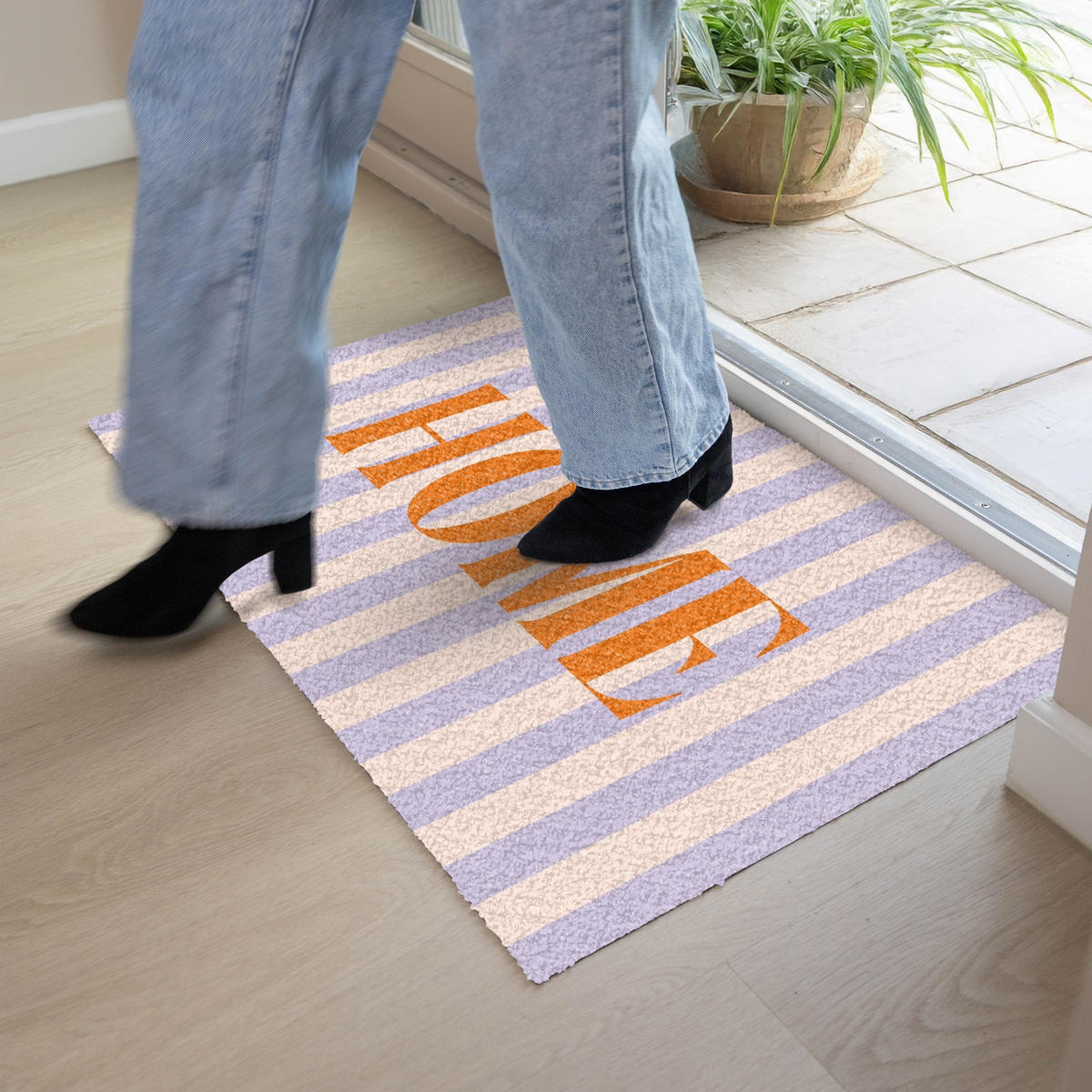 FUSSMATTE Lila – Orange – Streifen – Startseite 90x60 cm - Flieder, Kunststoff (90/0.4cm) - MuchoWow
