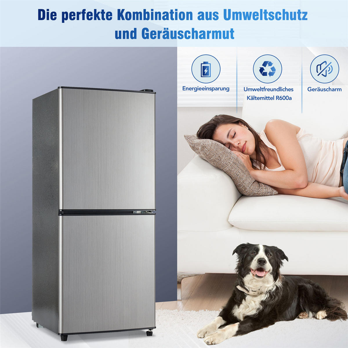 MINIKÜHLSCHRANK 106L (60L+46L) LED Kompressor 7 Stufen Silber/Schwarz - Silberfarben, Metall (42.5/102/44.5cm) - Kaket