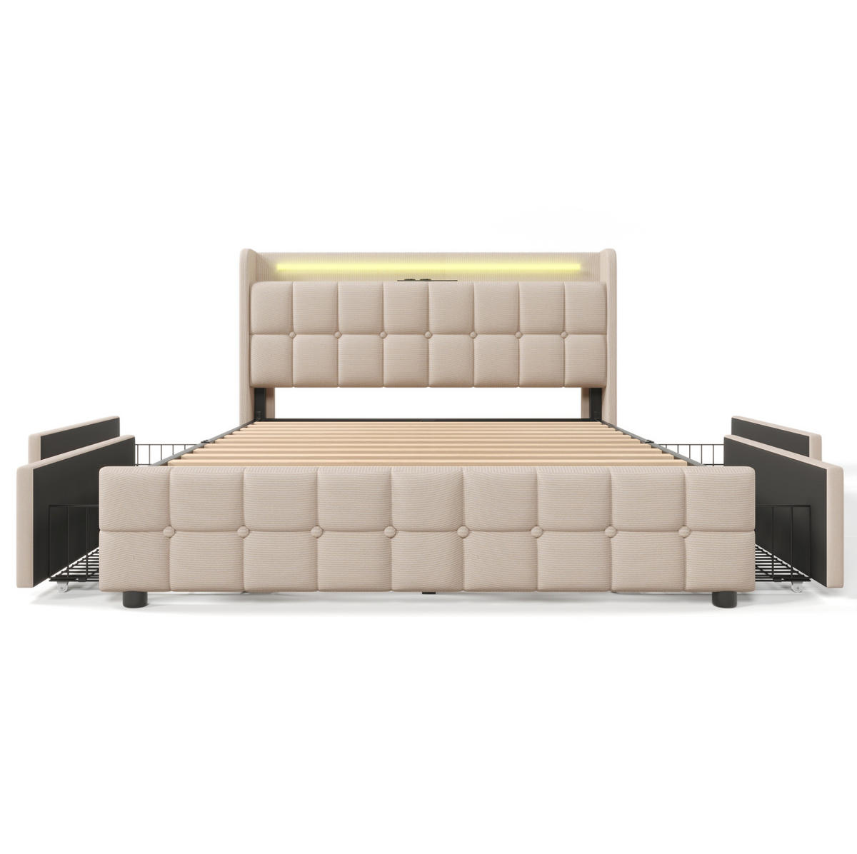 POLSTERBETT mit LED-Beleuchtung 180/200 cm mit USB und 4 Schubladen Beige - Beige, Holz (180/200cm) - BEAOK