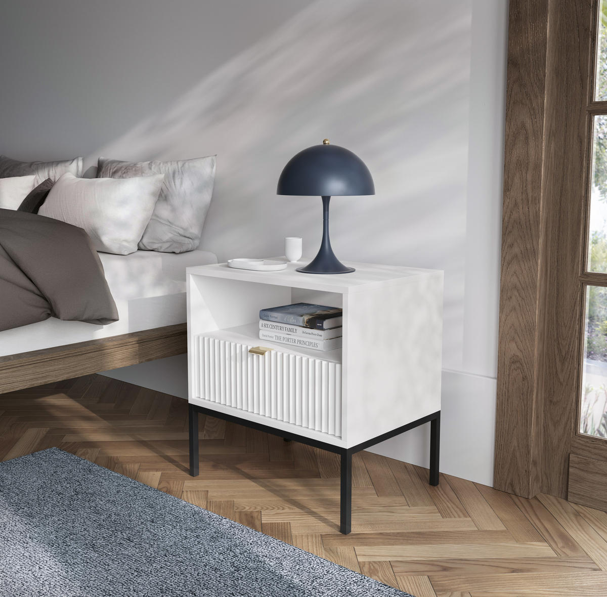 NACHTTISCH Nova - NOC, Geriffelte Front mit Goldenes Griffdesign 54x39x56 cm Weiß - Schwarz/Weiß, Holzwerkstoff/Kunststoff (54/56/39cm) - DomoHome