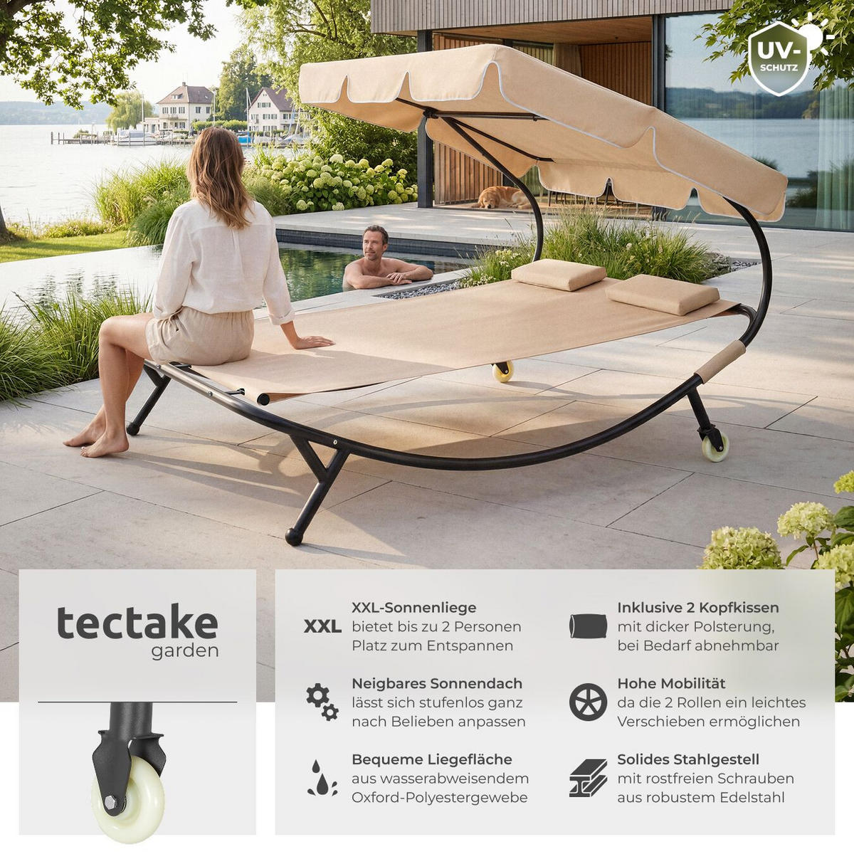 GARTENLIEGE Livorno, 215 x 183 x 150 cm, schwarz/beige - Beige/Schwarz, Kunststoff (185/175/195cm) - tectake