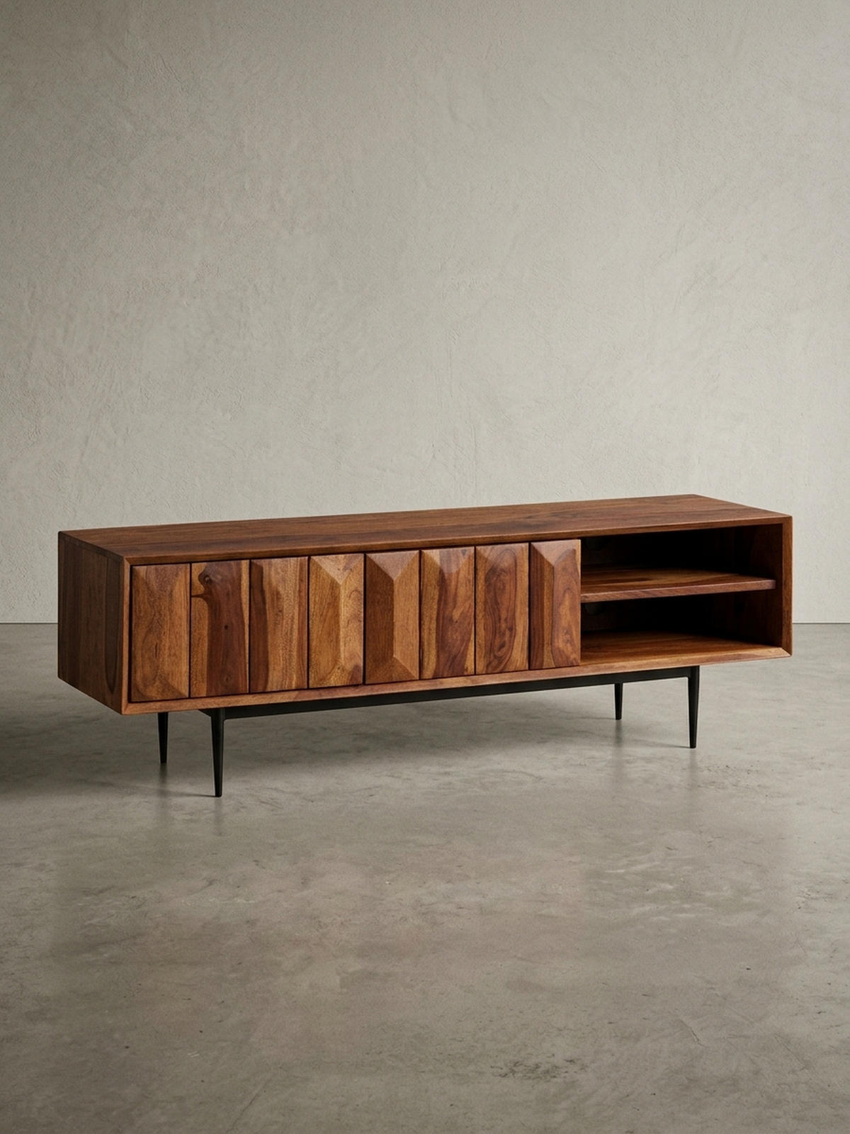 LOWBOARD Massivholz Modern Stil für 55-Zoll Fernseher Push-to-Open mit Edelstahlbeinen - Schwarz/Braun, Holz/Metall (123/42/35cm) - KADIMA DESIGN