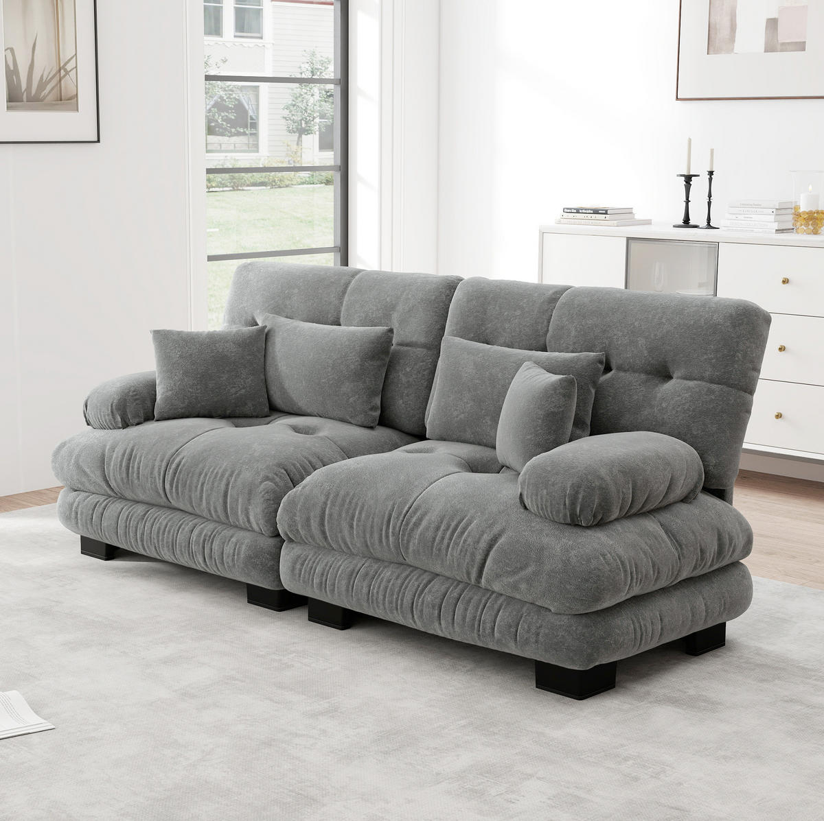 ECKSOFA modular Chenille Grau mit Kissen - Hellgrau, Kunststoff (77/81/220cm) - Meubliv
