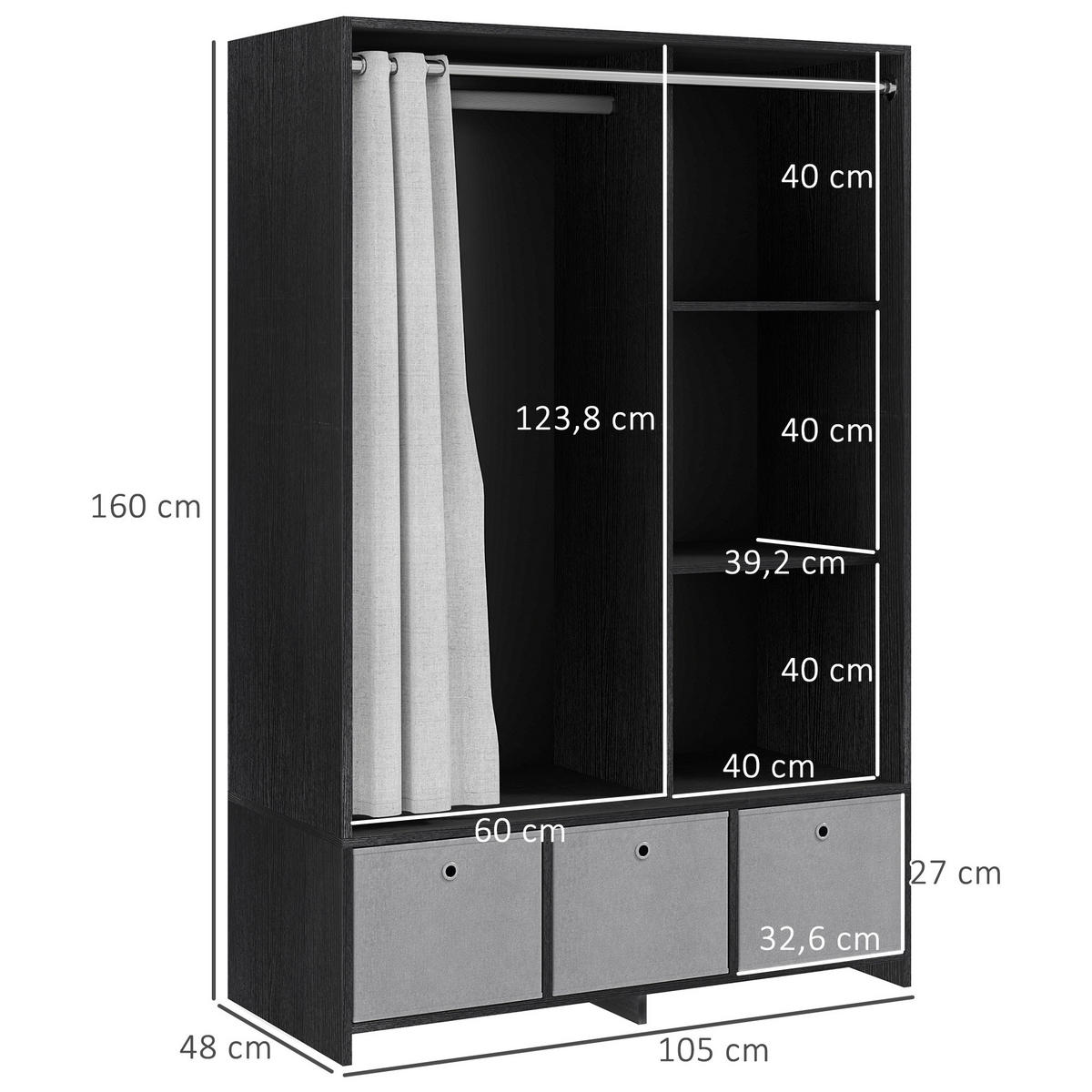 STOFFSCHRANK DE-17181 Schwarz - Schwarz, Holzwerkstoff (48/160/105cm) - ComfortXL