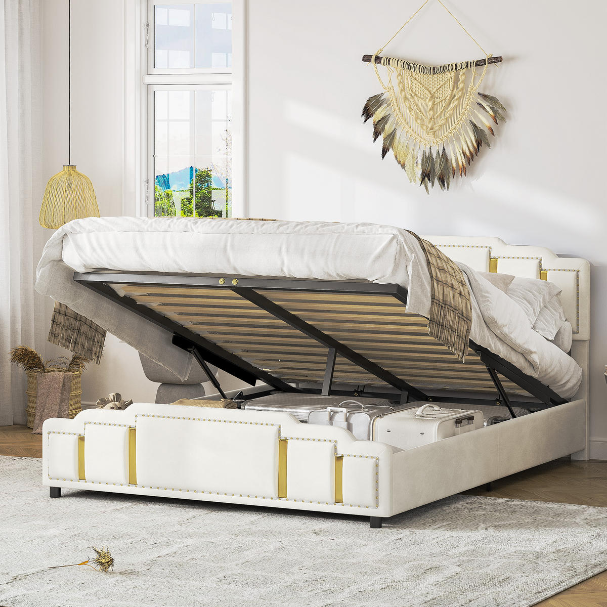 POLSTERBETT 140/200 cm Beige mit Hydraulisches Staufach und LED-Ambientebeleuchtung - Beige, Textil (140/200cm) - Oxeza