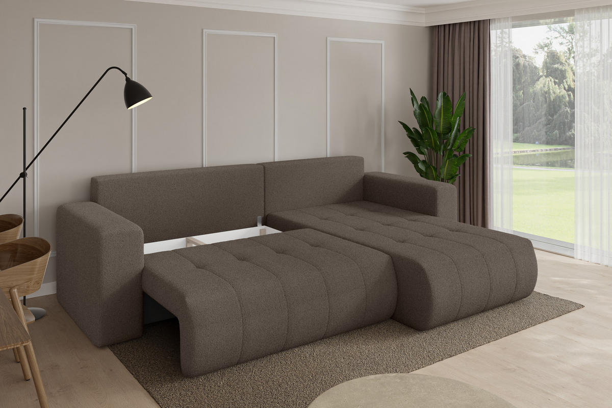 ROHOVÁ SEDAČKA s funkcí spaní, otoman vpravo MILA-L 277x194x86 hnědá bouclé - černá/hnědá, kompozitní dřevo/textil (277/194cm) - ALTDECOR