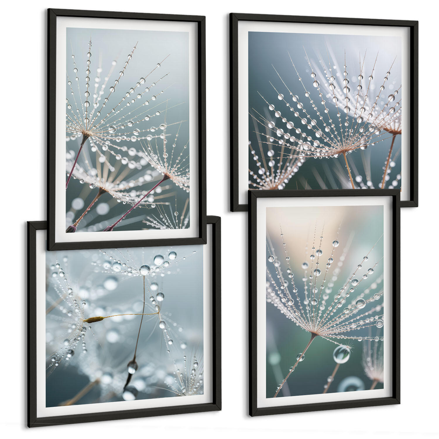 BILDER SET 4er Set - 50x50 cm & 40x60 cm Schwarzer Rahmen - Wassertropfen auf Löwenzahnsprossen - Schwarz, Kunststoff (50/50cm) - TULUP