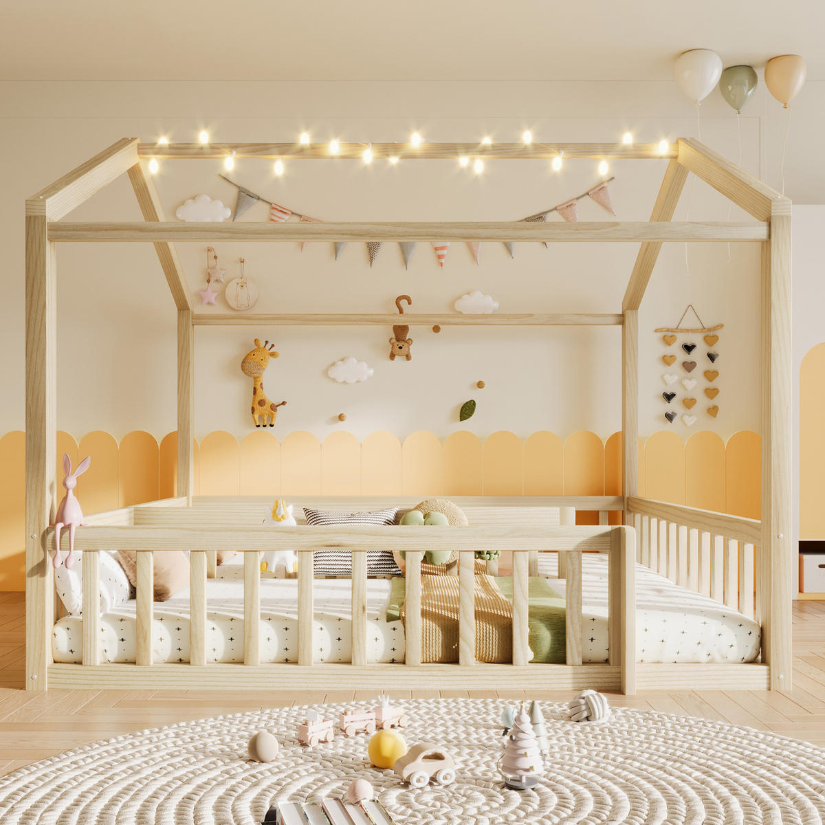 KINDERBETT 90/190 cm & 180/190 cm in Natur mit LED und Gitter Kiefernholz Hausbett - Naturfarben, Holzwerkstoff (90/190cm) - STILVORA
