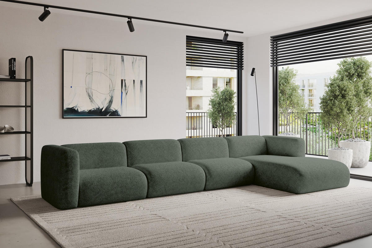 ECKSOFA Ottomane Rechts MIRA-L3 409x179x70 Grün Velours - Schwarz/Grün, Holzwerkstoff/Kunststoff (409/179cm) - ALTDECOR