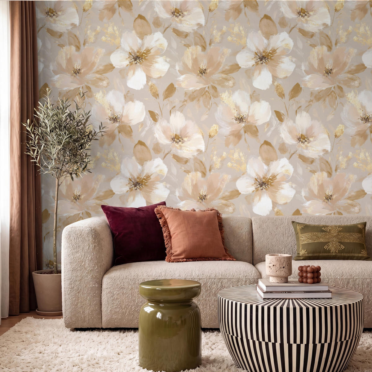 TAPETE - Blumen - künstlerisch - Gold - 260x220 cm - Beige, Papier (260/220cm) - OnlyWow