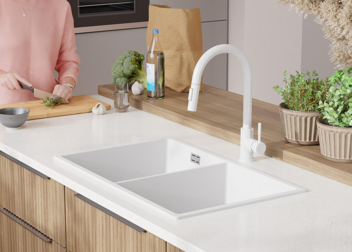 GRANITSPÜLE London Slim Twin, 2-er set Alles Weiß 76/47 cm 2 Becken + Küchenarmatur 32/20 cm + Ablauf-Set ab 80er Unterschrank - Weiß, Kunststoff (76/20/47cm) - Primagran