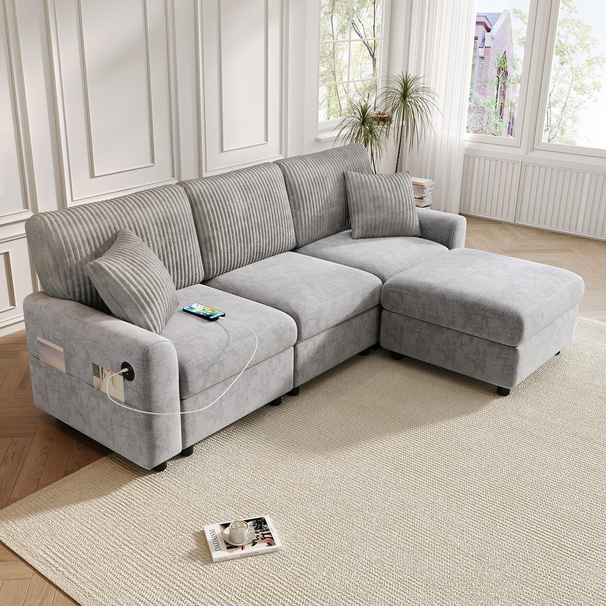 ECKSOFA 223/146/84 cm Grau mit 1 Fußhocker, 2 quadratischen Kissen, 1 USB-Anschluss und 1 Type-C-Anschluss - Grau, Textil (146/84/223cm) - Oxeza