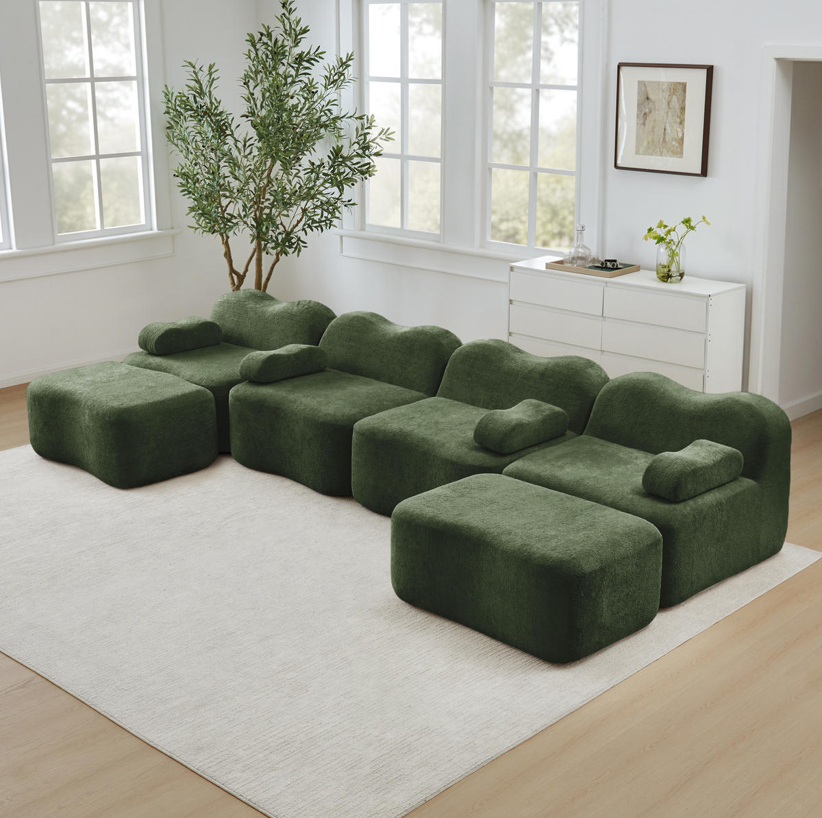 ECKSOFA mit Wellenform, Samtbezug und 2 Hockern, Grün - Grün, Textil (384/167cm) - Redom