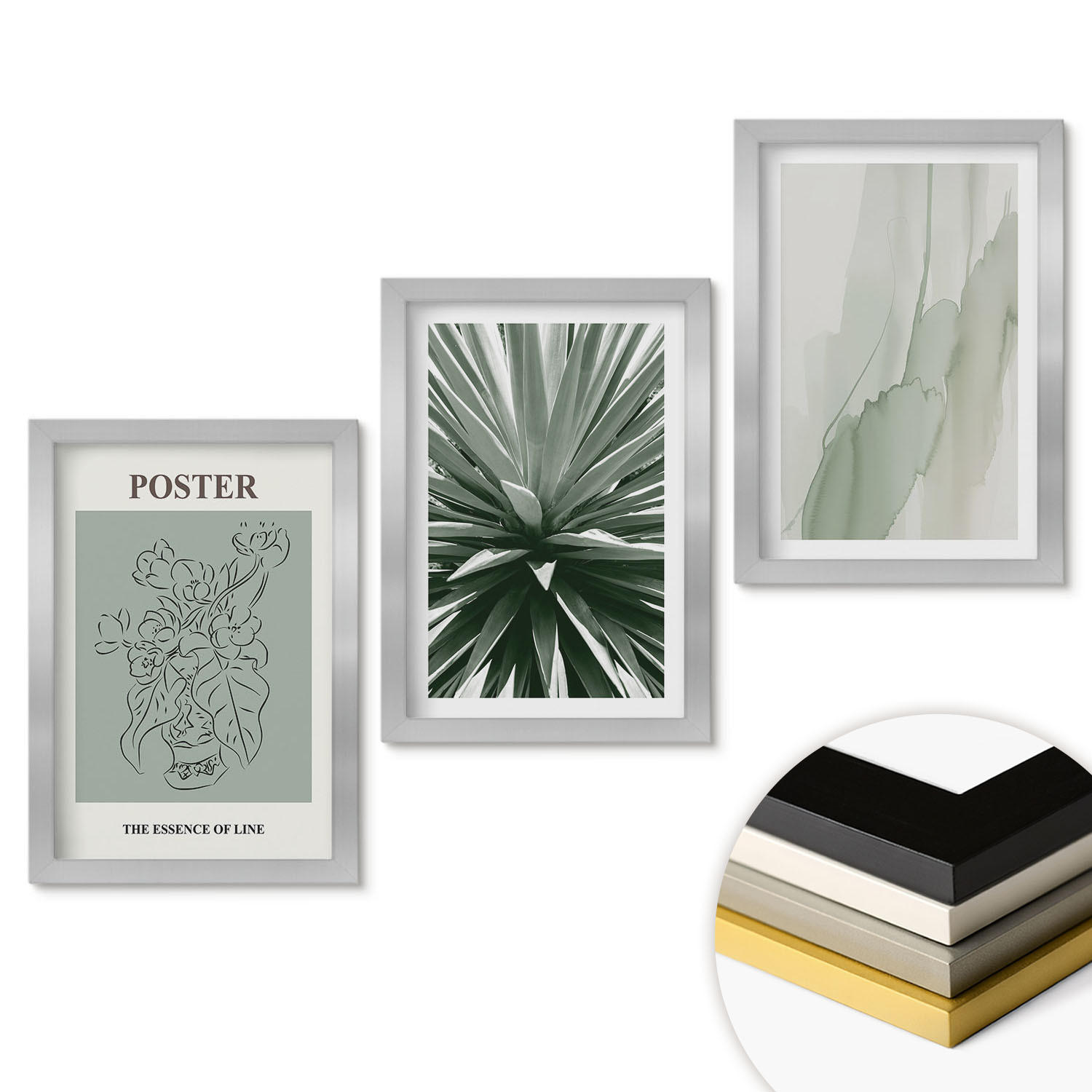 WANDBILDER 3er Set - 20x30 cm Silberner Rahmen - Pflanzenmuster in Grün - Silberfarben, Kunststoff (20/30cm) - ArtPrintCave