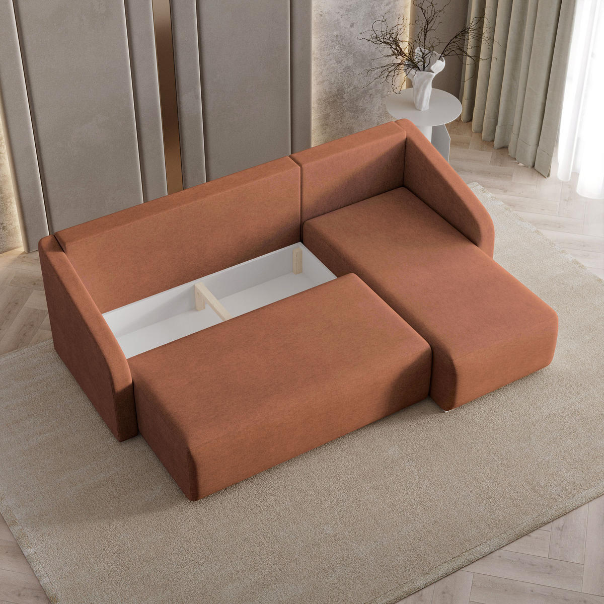 ECKSOFA MARELLO Kupferfarben Geflochtener Stoff mit Schlaffunktion - Kupferfarben, Holz (220/143cm) - MASSENO