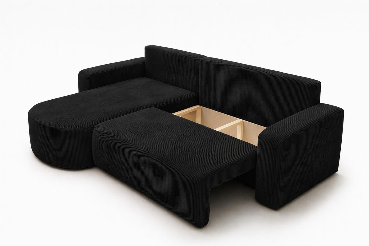 ECKSOFA Mit Schlaffunktion, Cordstoff Poso, Schwarz, Links, ROUND ONE XL - Schwarz, Holz (271/175cm) - Kaiser Möbel