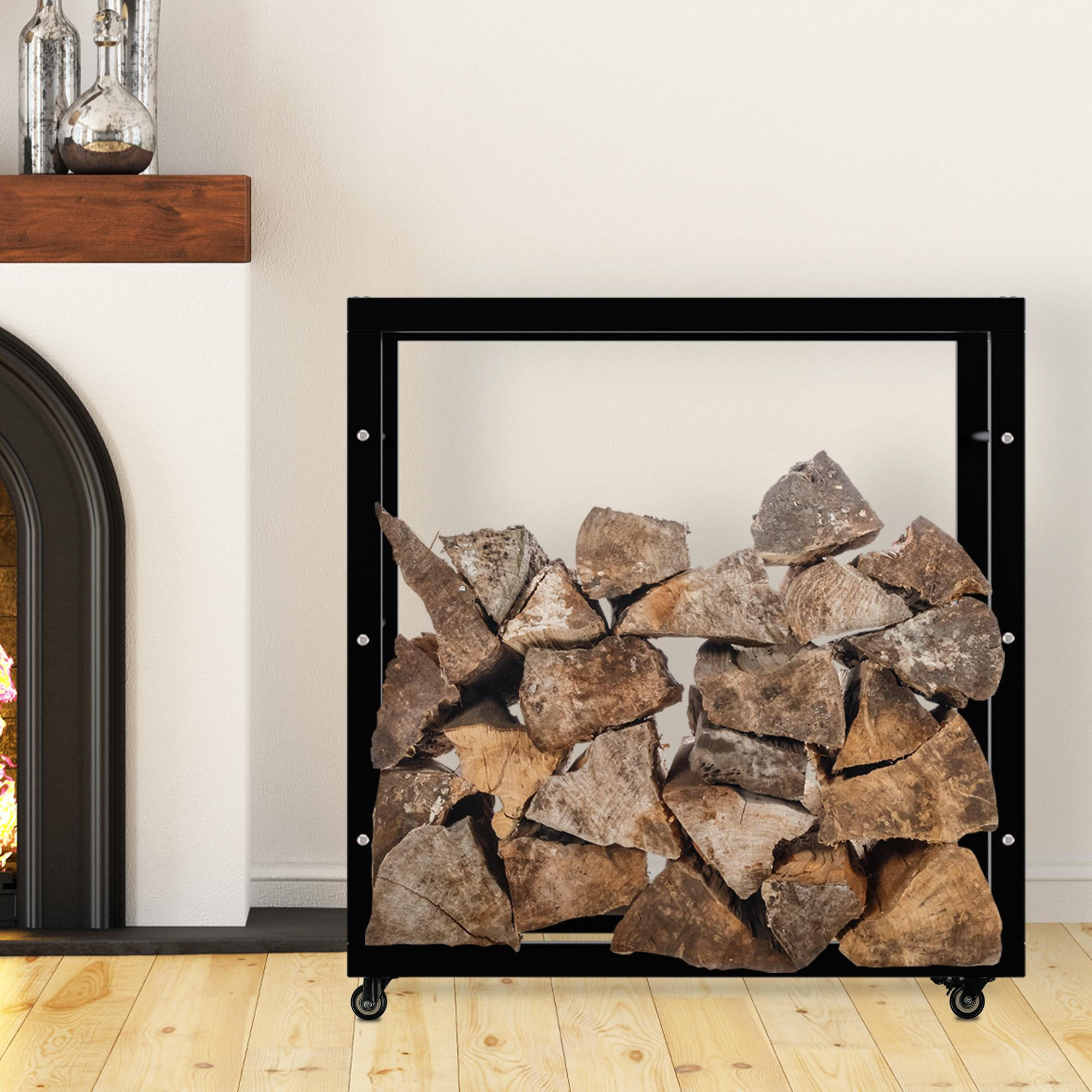 KAMINHOLZREGAL innen Metall SATLO Kaminholzständer mit Rollen Schwarz 25x80x80 cm - Schwarz, Metall (80/80/25cm) - DELUKE