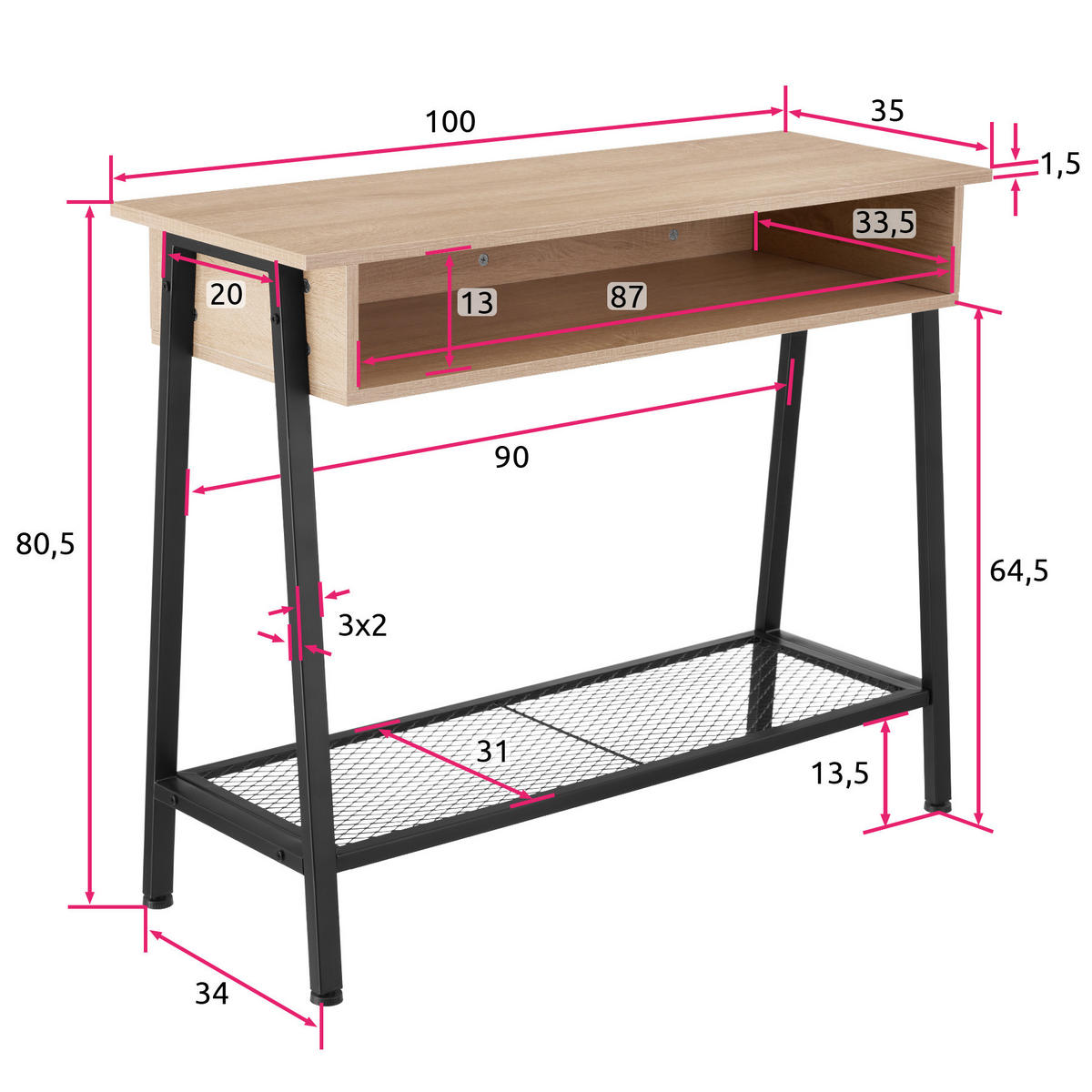 KONSOLENTISCH Tralee,100 x 35 x 80,5 cm,Industrial Holz hell, Eiche Sonoma - Naturfarben, Holzwerkstoff (100/35/80.5cm) - tectake