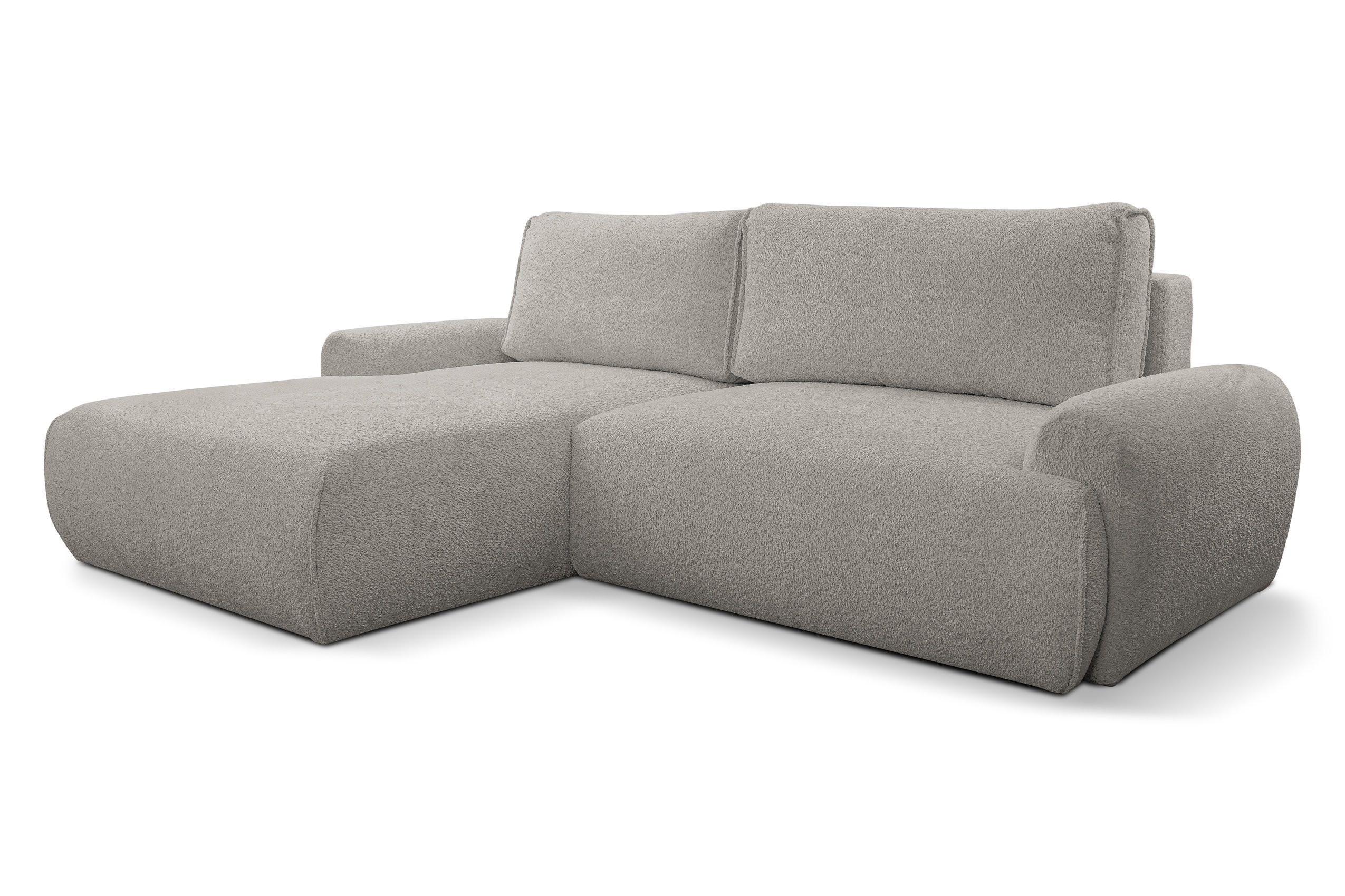 ECKSOFA Moon in L-Form mit Schlaffunktion und Bettkasten, Farbe: Grau, Bouclé-Stoff, Ottomane Links - Grau, Textil (136/260cm) - VENASI MÖBEL