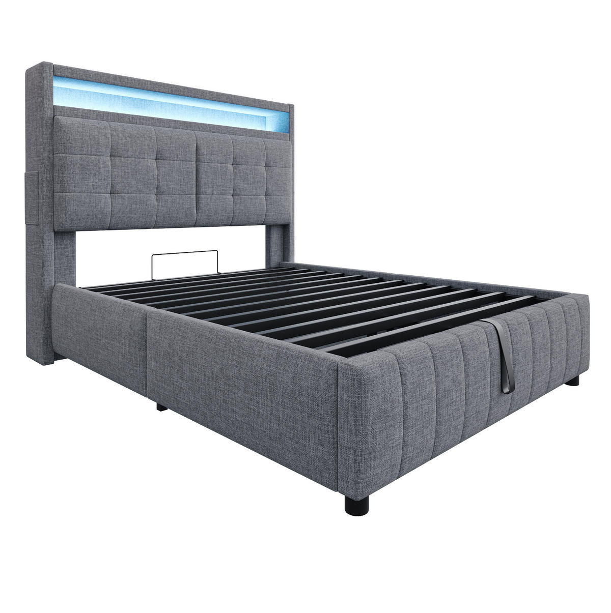ČALÚNENÁ posteľ z ľanovej látky 140x200 cm sivá s LED osvetlením, USB portom a hydraulickým úložným priestorom - sivá, textil (140/200cm) - Modfu