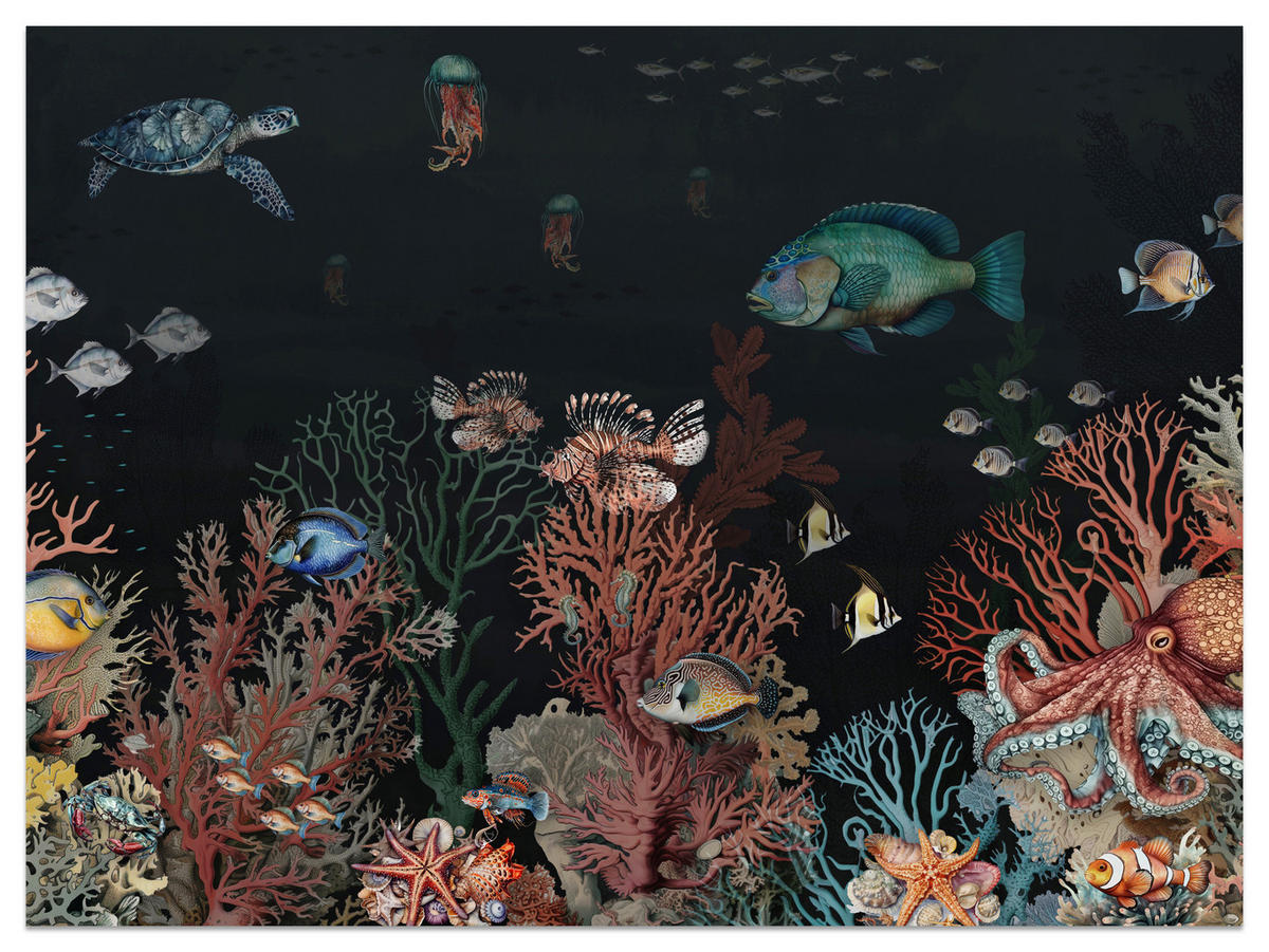 FOTOTAPETE für Badezimmer Bunter Unterwasser Pflanzen Riff Fische 150x105 - Rot/Schwarz, Papier (150/105cm) - Muralo