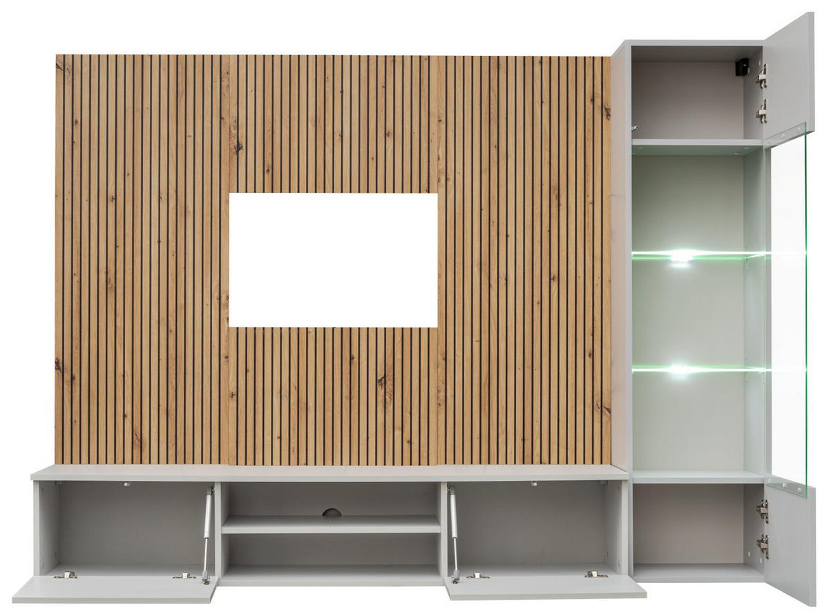 WOHNWAND hellgrau, Eiche Artisan 200 cm, Schrankwand inklusive Beleuchtung und Push-to-Open - Hellgrau/Eiche Artisan, Glas/Holzwerkstoff (200/148/35cm) - Inn.Furn