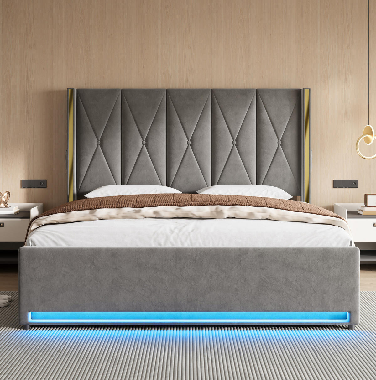POLSTERBETT 180/200 cm mit LED-Beleuchtung, USB- und Type-C-Anschluss, Bettkasten und Seitentaschen, Dunkelgrau - Dunkelgrau, Textil (180/200cm) - Redom
