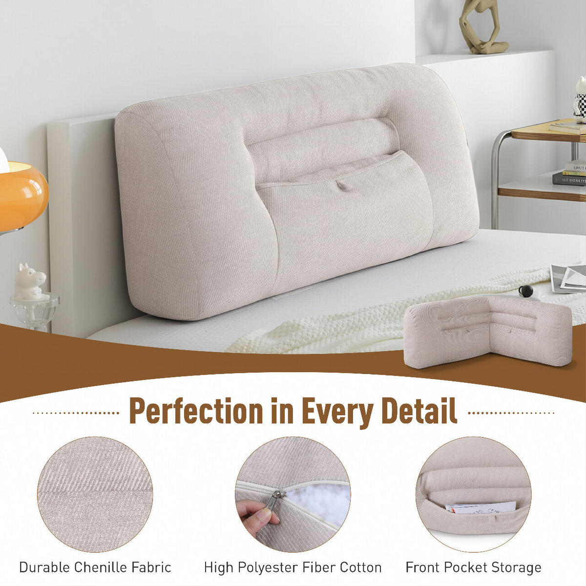 RÜCKENSTÜTZKISSEN für Sofa Bett Chenille 90cm Beige - Beige, Textil (90/22cm) - Vercart