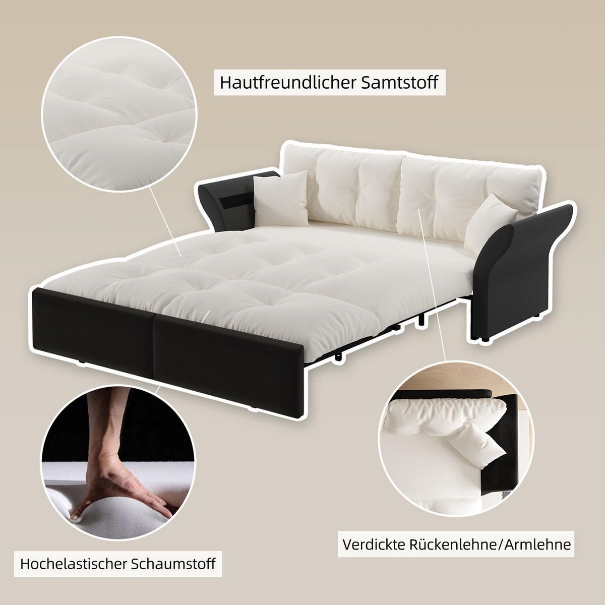 SCHLAFSOFA 190/85/91 cm Beige Samt mit Tufting und 2 weichen Kissen - Beige, Textil (190/91/85cm) - Oxeza