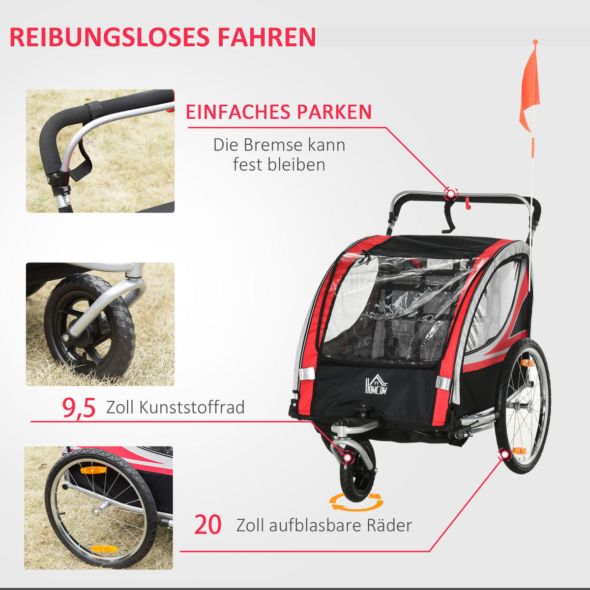 KINDERANHÄNGER, Kinderfahrradanhänger, Rot - Rot, Metall (75/101/142cm) - HOMCOM