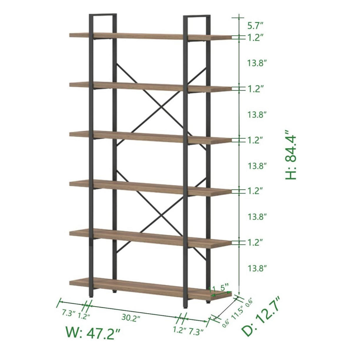 STANDREGAL Industrial Holzoptik Metall 6 Fächer 120 x 32 x 215,5 cm - Braun, Holzwerkstoff/Metall (122/215.5/32cm) - Quality Elegance