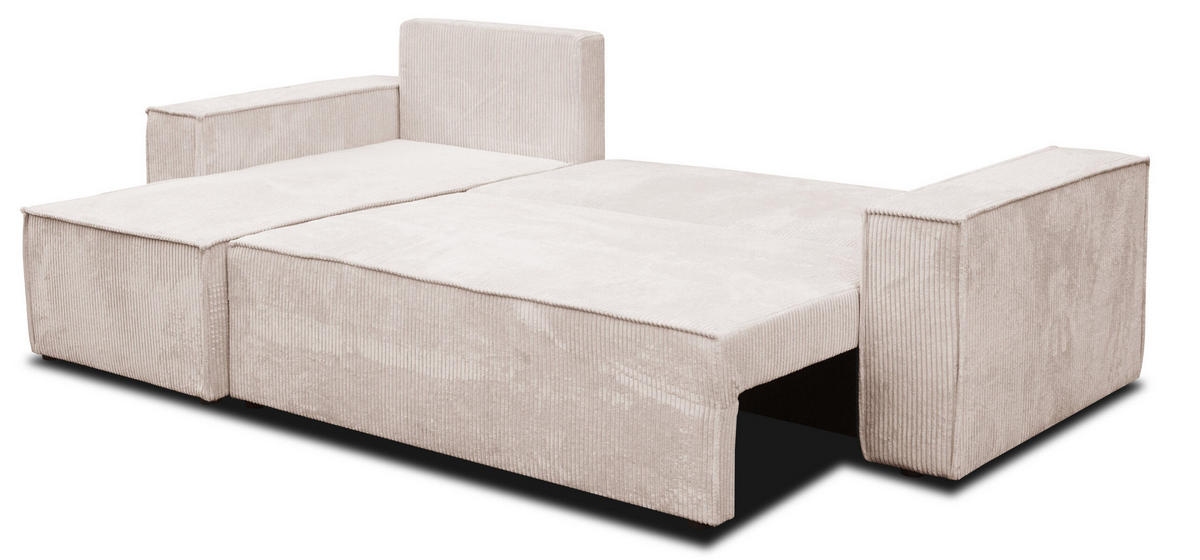 ECKSOFA Hugo L in L-Form mit Schlaffunktion und Bettkasten, Farbe: Beige, Cordstoff, Ottomane Unsiversal - Beige, Textil (244/145cm) - VENASI MÖBEL