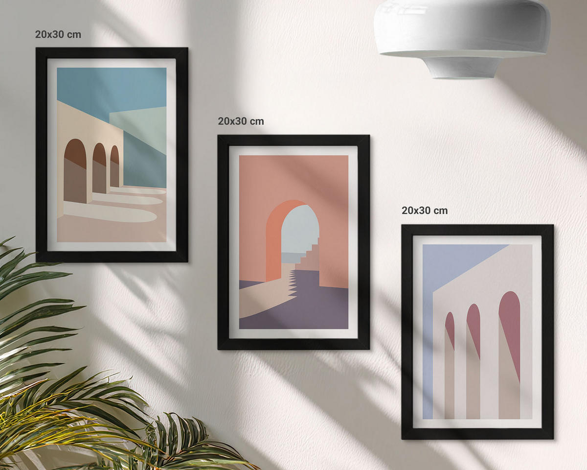 BILDER SET 3er Set - 20x30 cm Schwarzer Rahmen - Architekturgrafiken in Pastellfarben - Schwarz, Kunststoff (20/30cm) - TULUP