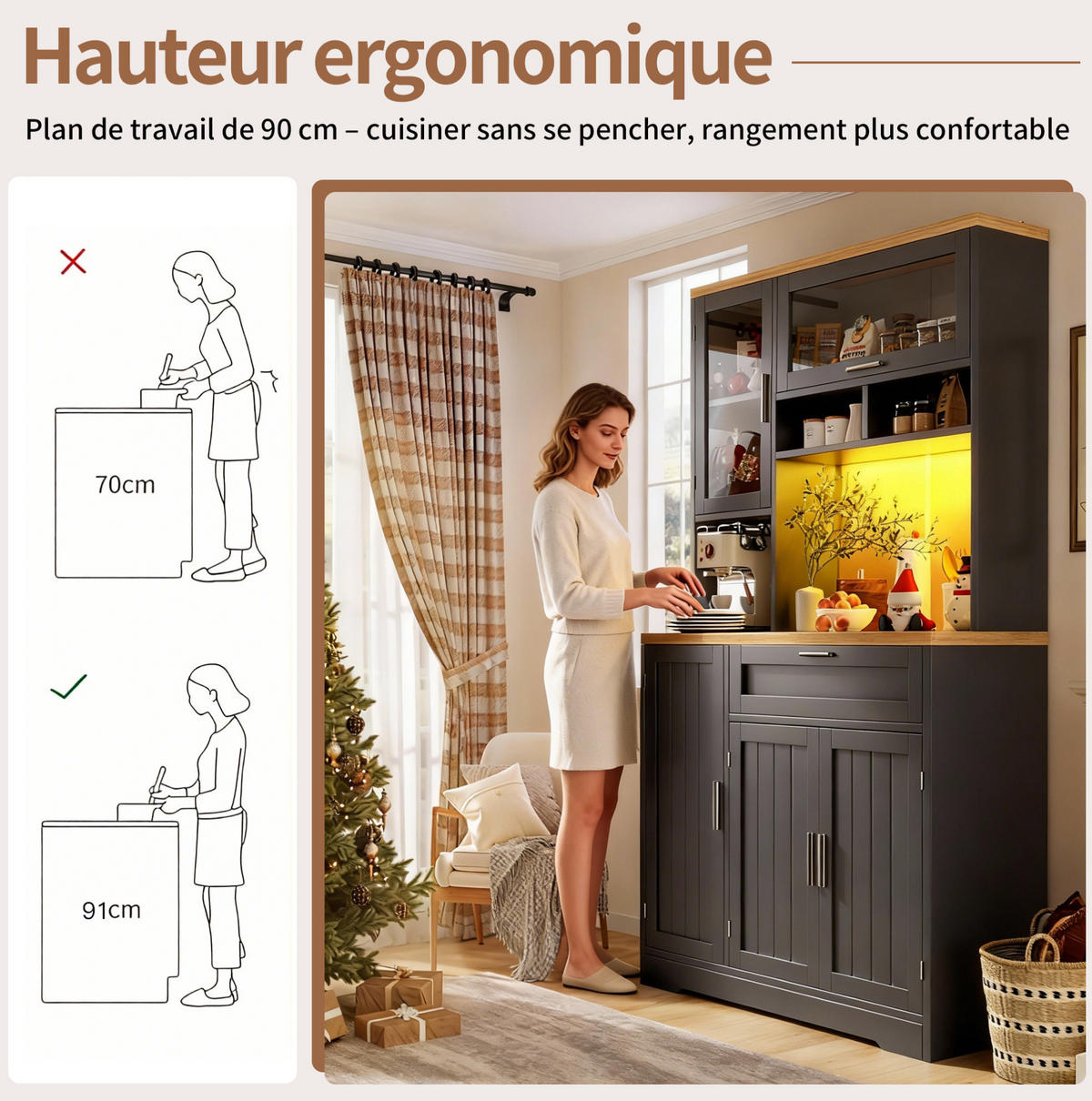 BUFFET 104/40/180 cm in Schwarz mit LED-Beleuchtung und Glastüren - Schwarz, Holzwerkstoff (104/180/40cm) - Flora Grace