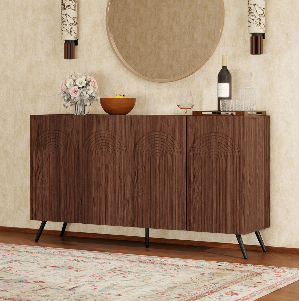 SIDEBOARD aus Holzwerkstoff 150x38x83 cm Walnussbraun mit verstellbaren Einlegeböden und 3D-Rillentüren im Mid-Century-Stil - Walnussfarben, Holzwerkstoff (150/83/38cm) - Modfu