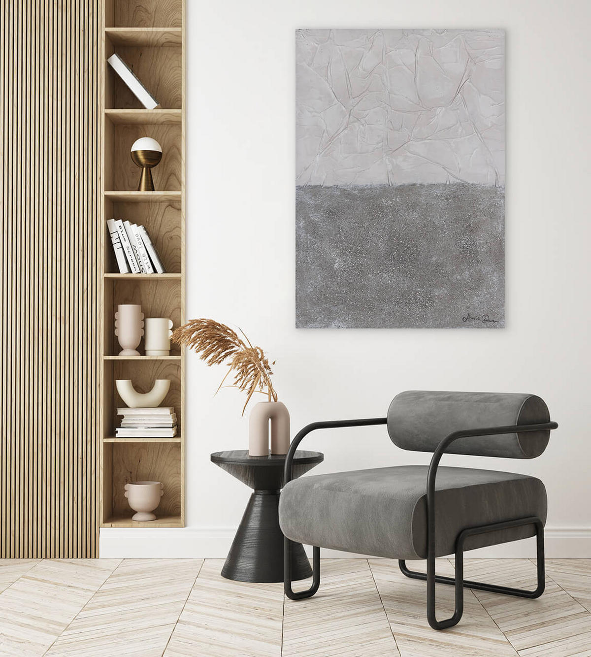 RUČNE MAĽOVANÝ AKRYLOVÝ OBRAZ 70/100 cm, sivý, krajinný motív - sivá, drevo/textil (70/100cm) - KUNSTLOFT
