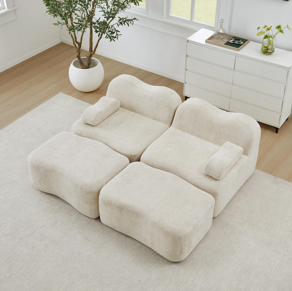 SOFA modular Samt Beige mit Hocker - Beige, Holzwerkstoff (167/70/192cm) - Meubliv