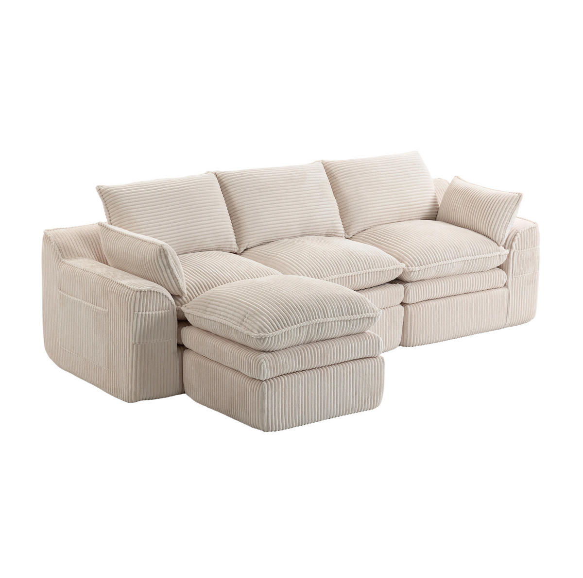3-STIZER Sofa 263/167/85 cm mit Hocker, Seitentaschen und Federkern, Cord Beige - Beige, Textil (263/85/167cm) - Redom