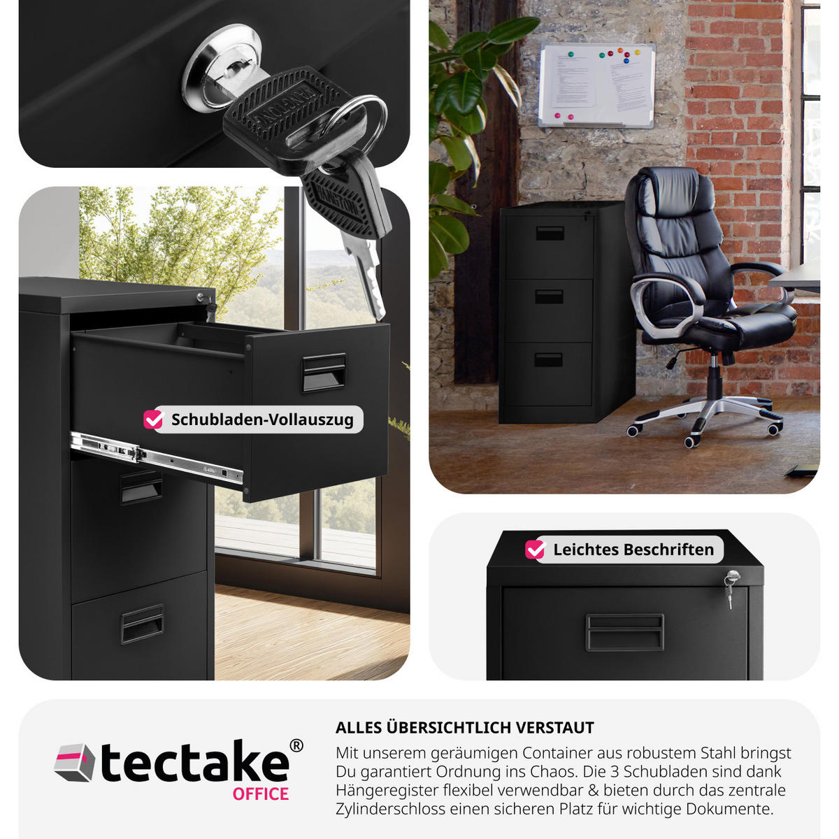 AKTENSCHRANK ,62,4 x 46 x 102,8 cm,schwarz - Schwarz, Metall (46/102.8/62.4cm) - tectake