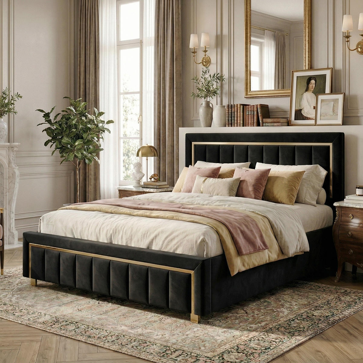 POLSTERBETT Eleganz 140/200 cm mit Bettkasten & Edelstahlrahmen Samtoptik Schwarz - Schwarz, Textil (140/200cm) - Creahappy
