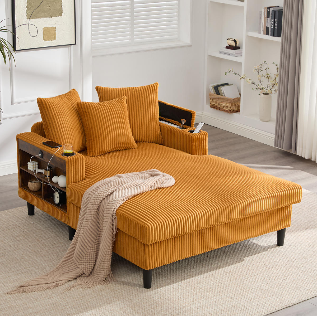 CHAISELONGUE 129/170/70 cm aus Cord mit LED-Beleuchtung, USB-Anschluss, Stauraum und Becherhaltern, Senfgelb - Gelb, Textil (170/70/129cm) - Redom